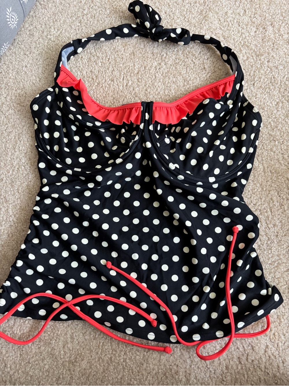 Polka Dot Halter Tankini Top with Coral Trim